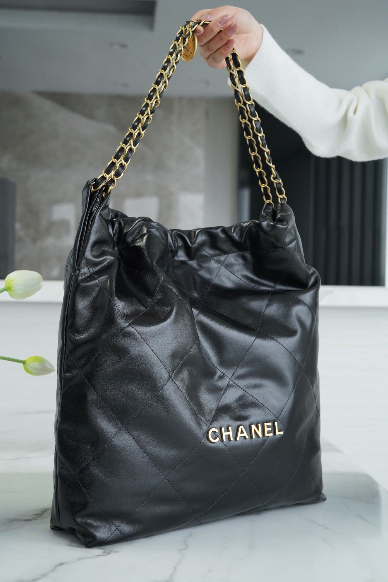 小香家-Chanel 22號手袋 黑金色大號