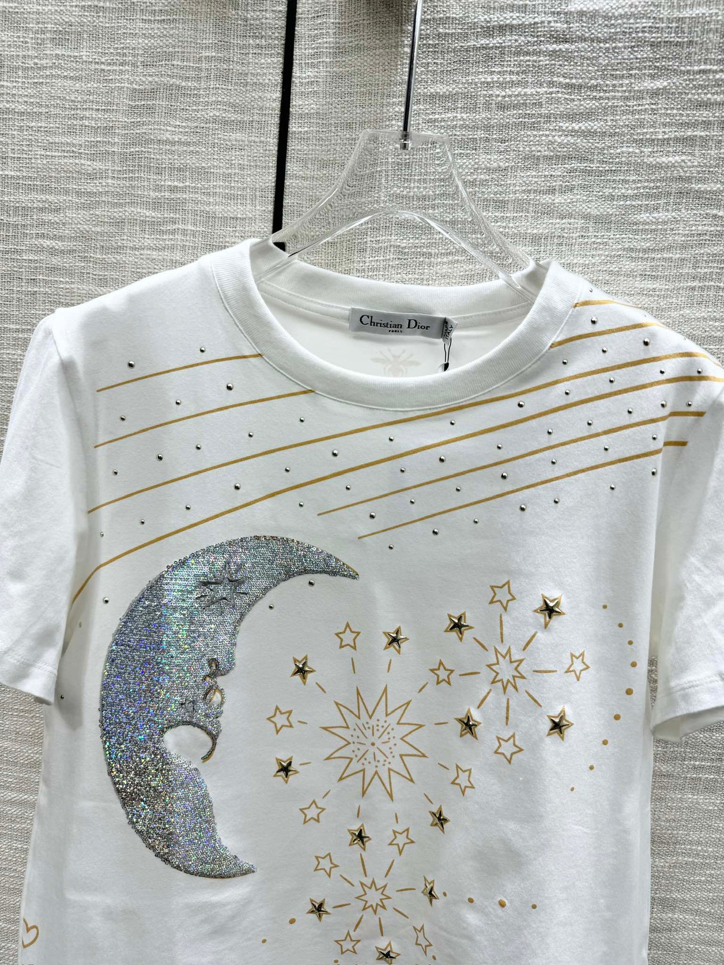 迪D家-2403 24春夏最新重工燙鑽印花短袖T 白色
