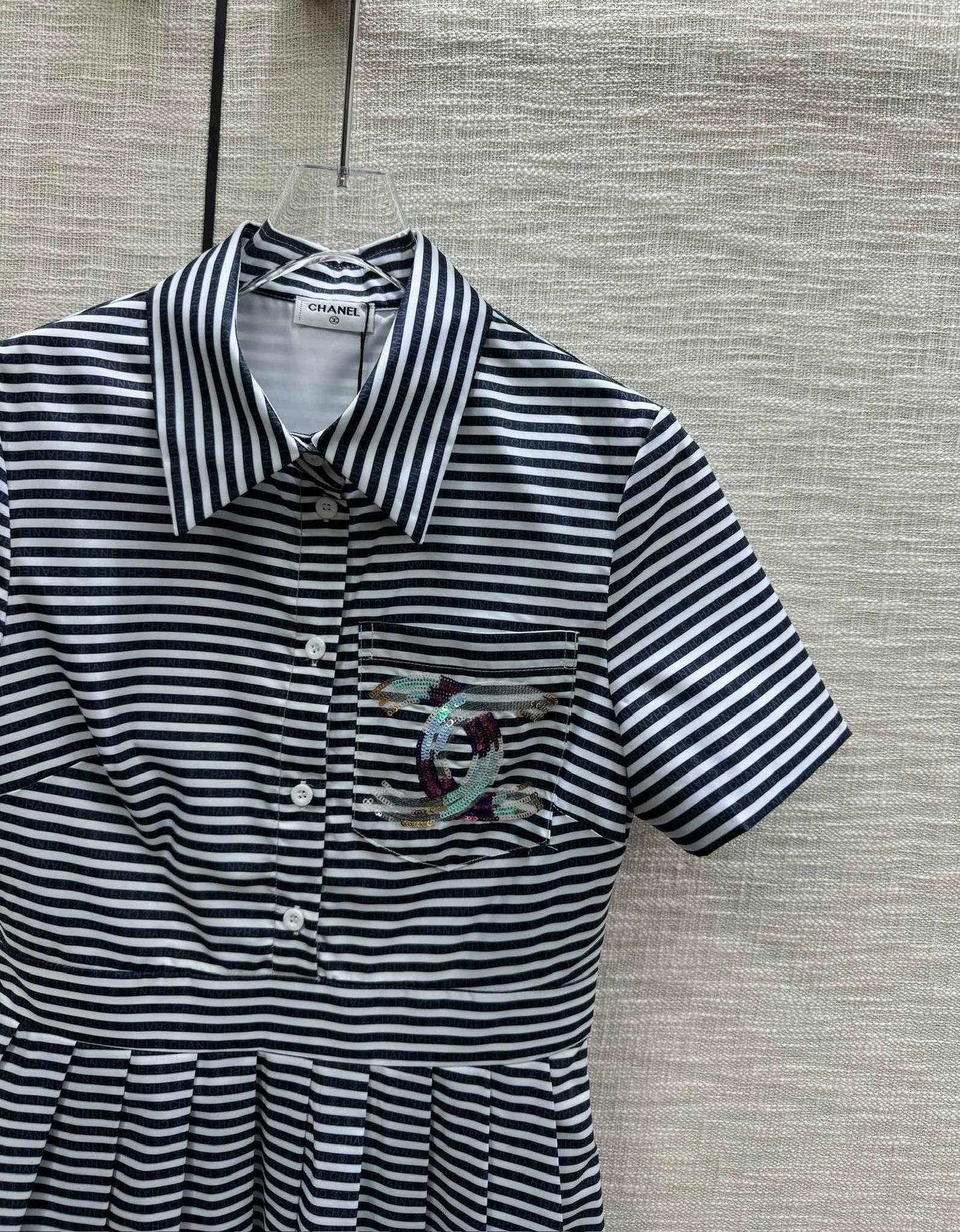 小香家-2403 重工珠片翻領短袖連衣裙 藍色