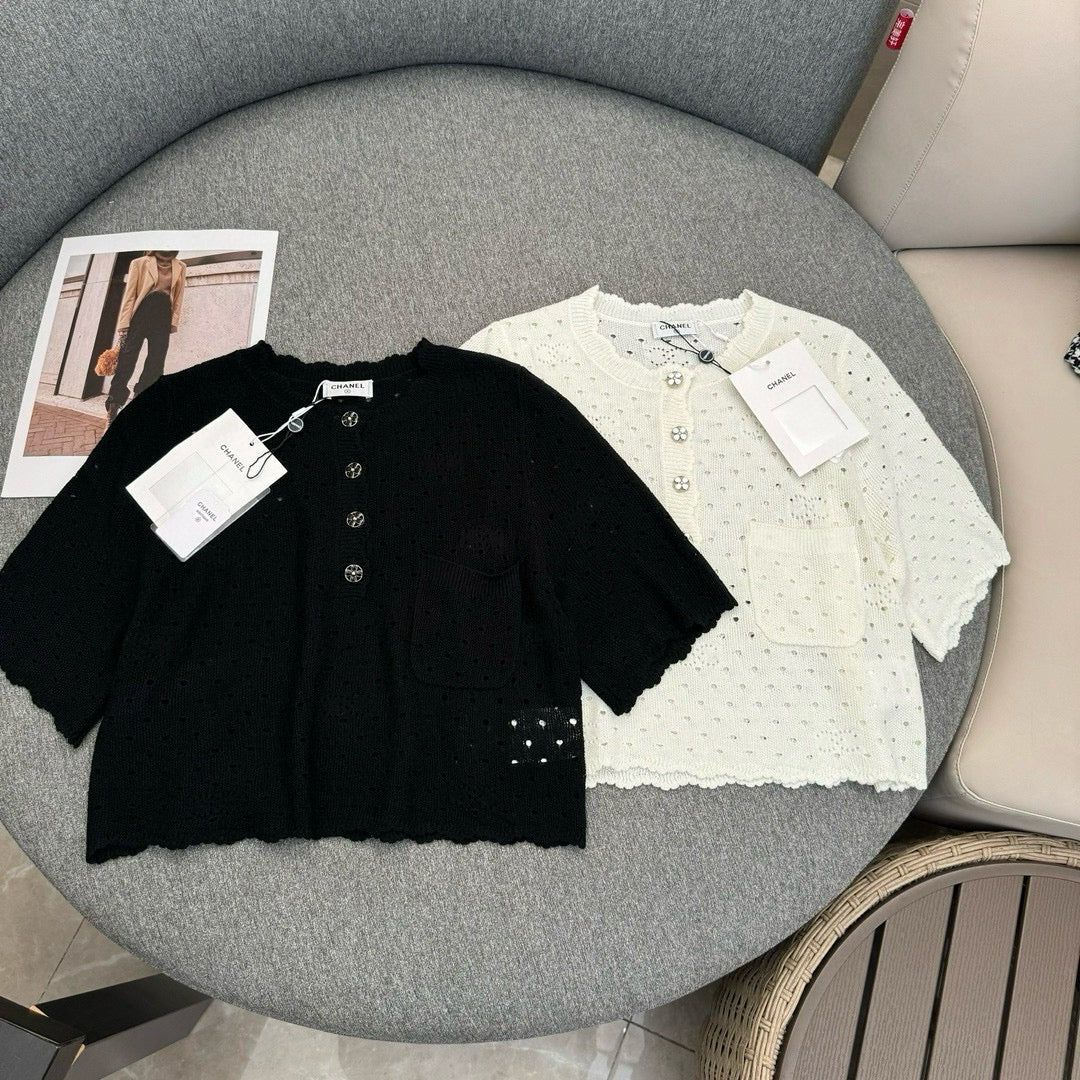小香家-2403 春夏新款鏤空鉤花針織小上衣 黑色