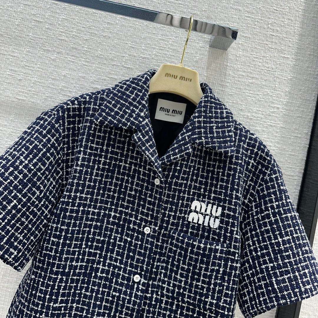 穆M家-2404 24早春專櫃新品藍白細格粗花呢套裝