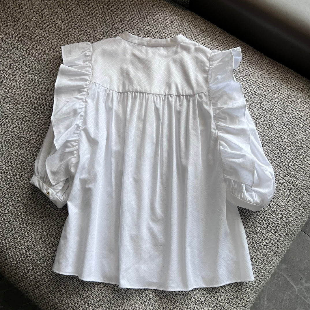 小香家-2403 荷葉花邊燈籠中袖白襯衫