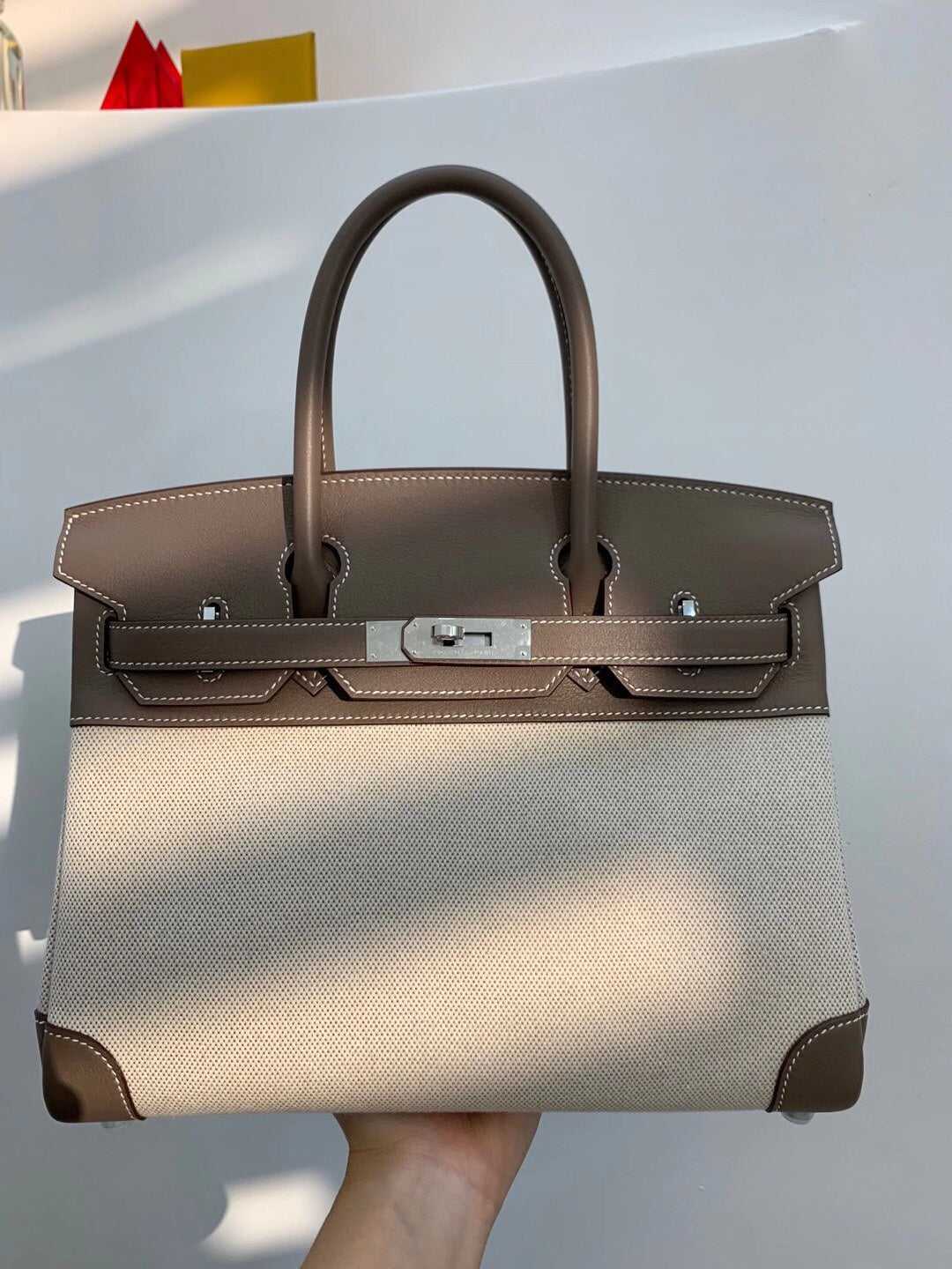 小愛款-Birkin 30 小牛皮拼帆布 大象灰