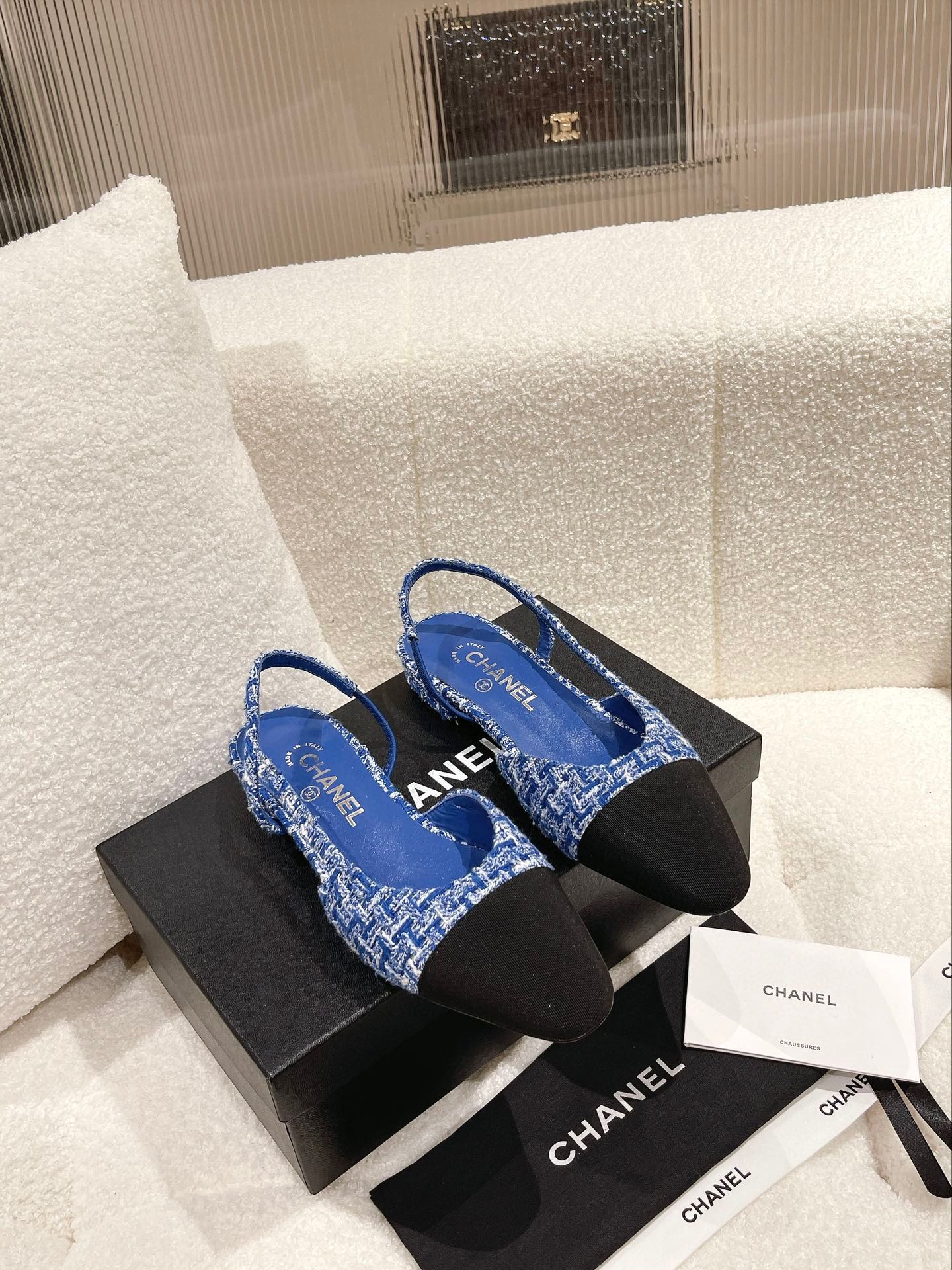 小香家-經典款 slingback 後空拼色平底涼鞋 藍色