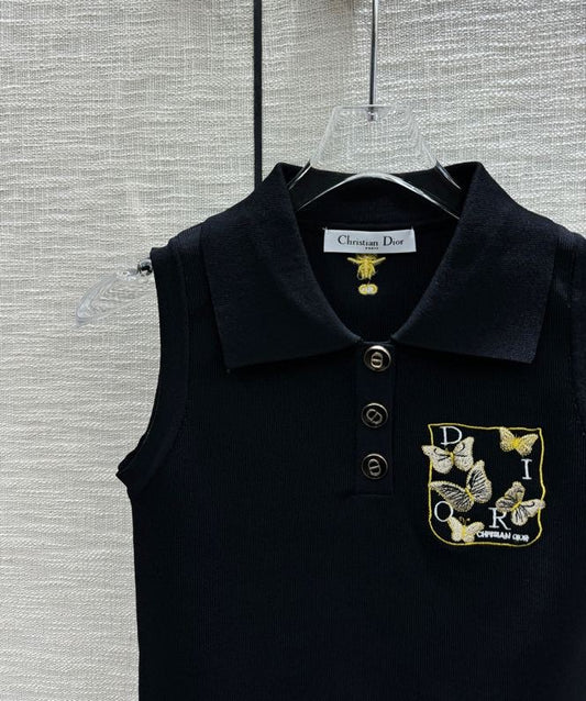 迪D家-2403 刺繡蝴蝶POLO領針織背心 黑色