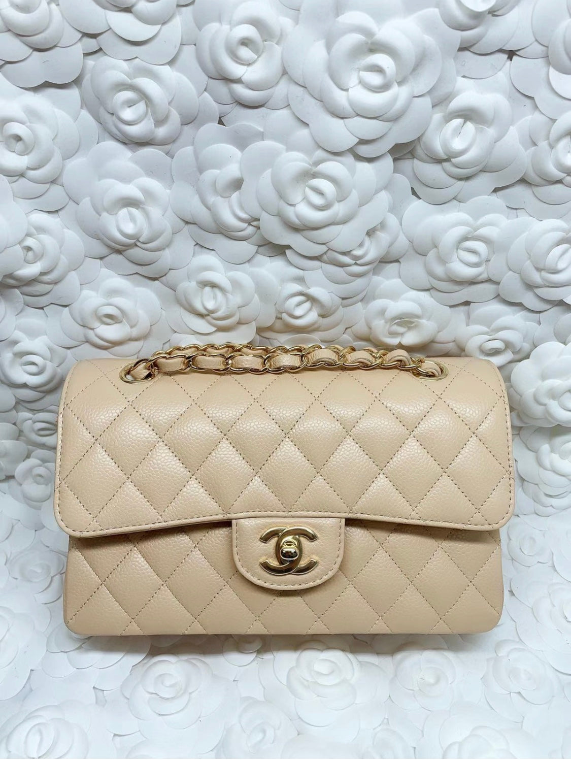 小香家-Chanel CF23 奶杏色 羊皮雙蓋淡金