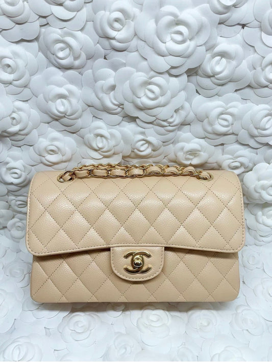 小香家-Chanel CF23 奶杏色 羊皮雙蓋淡金