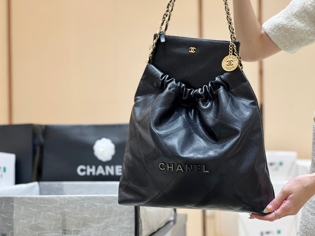 小香家-Chanel 22號手袋 魚子醬皮黑金色 中號