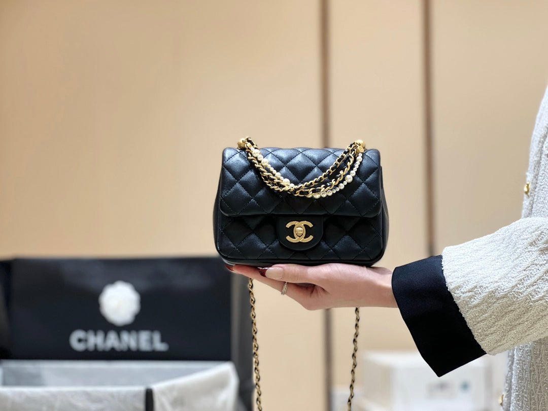 小香家-Chanel 珍珠鍊方胖子 肩背包/手提包 黑色