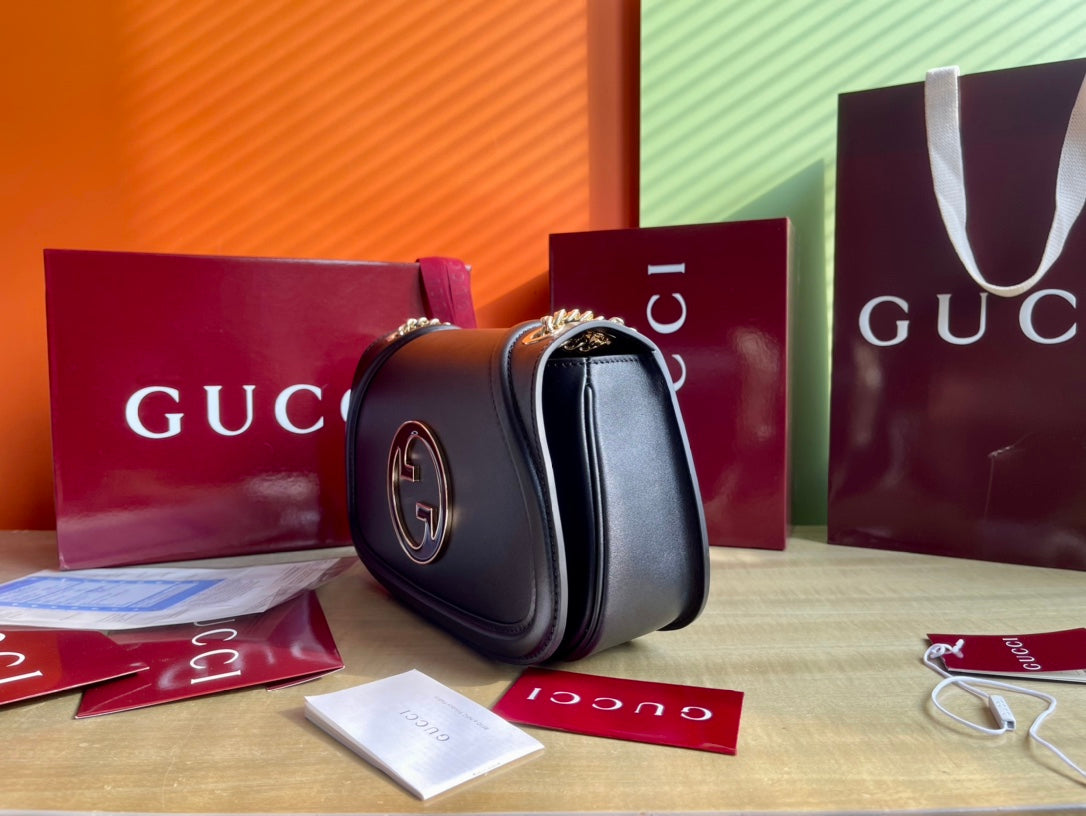 古G家-黑皮革滾邊金鍊肩帶 藍色