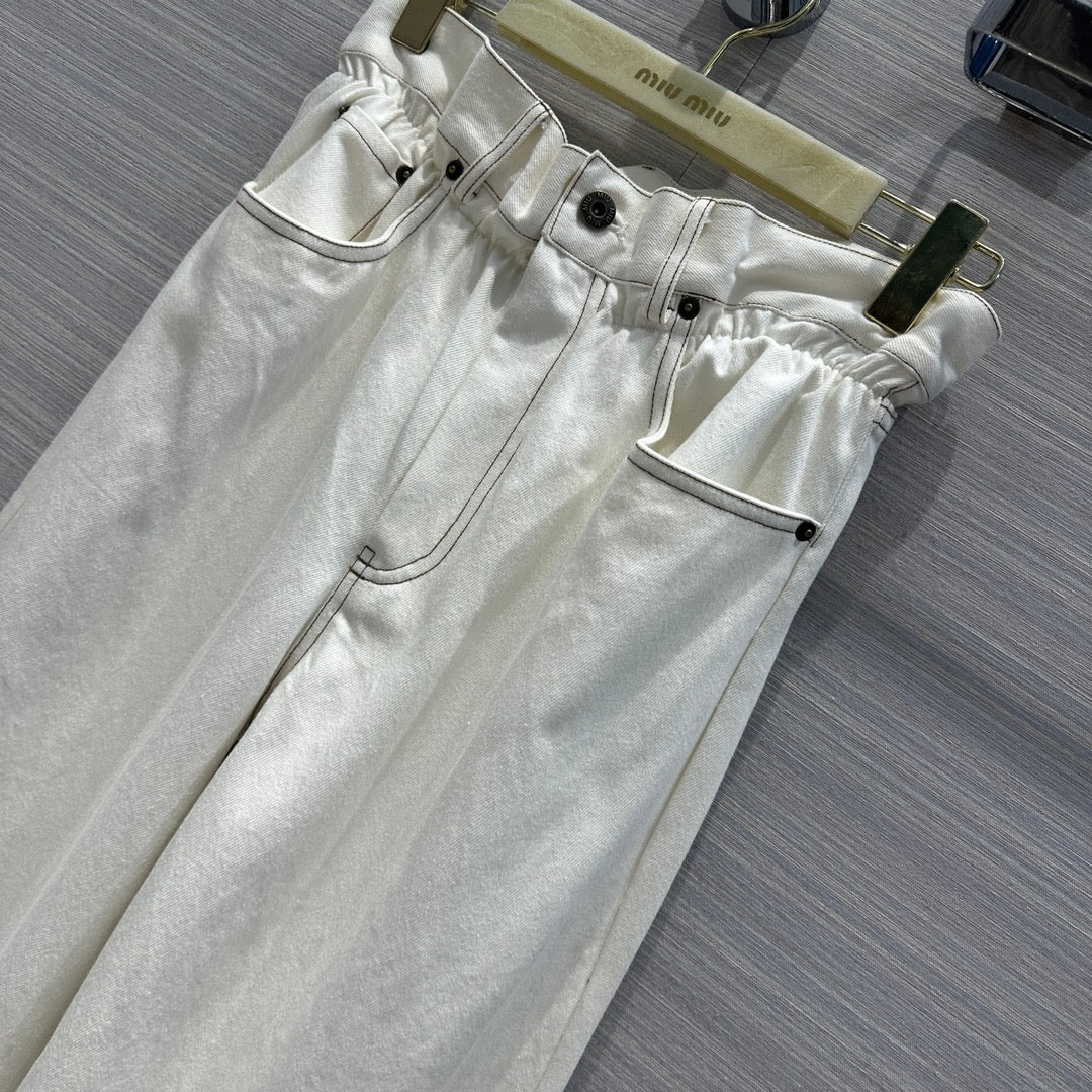 穆M家-2404 24春夏新品復古原生棉白色牛仔長褲