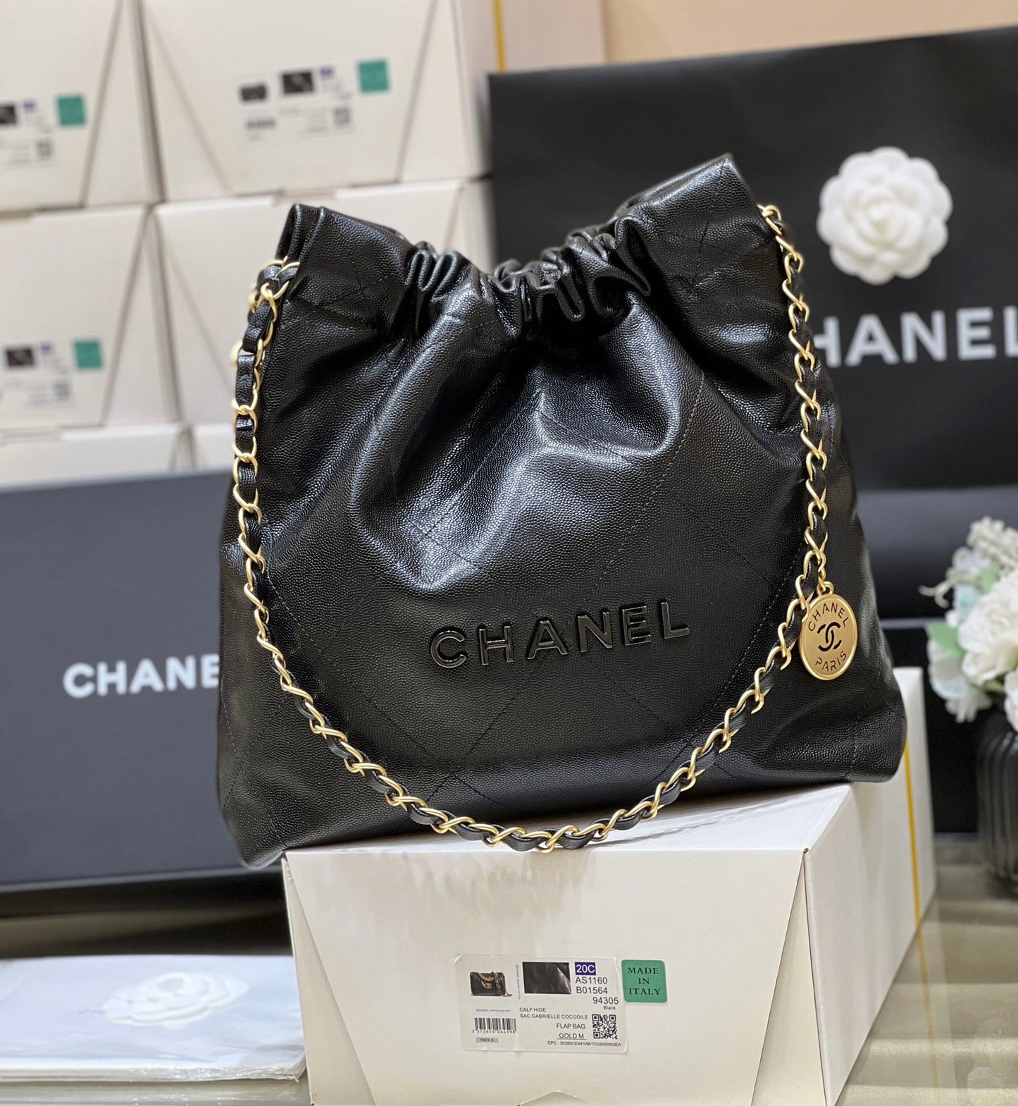 小香家-Chanel 22號手袋 魚子醬皮黑金色 中號