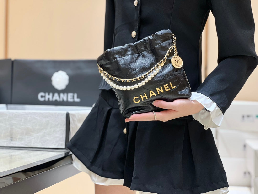 小香家-Chanel 22號手袋 黑色 雙鍊條 珍珠鍊