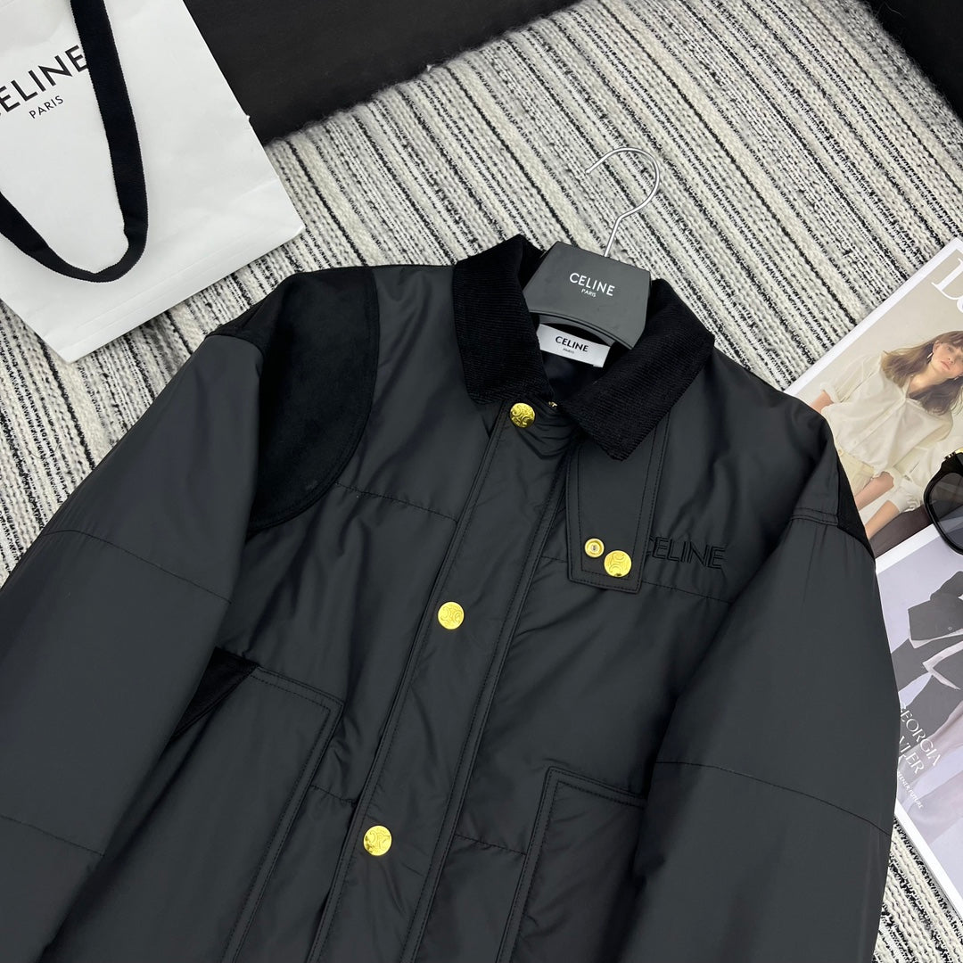賽C家-2403 拼接黑色燈芯絨棉服外套