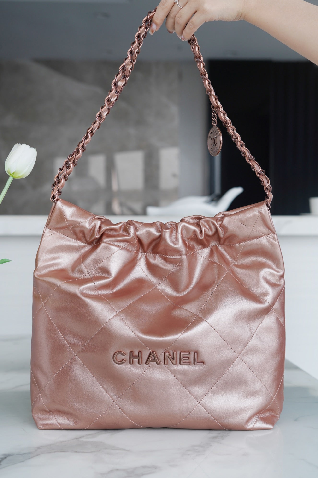 小香家-Chanel 22號手袋 玫瑰金背帶 雙鍊條