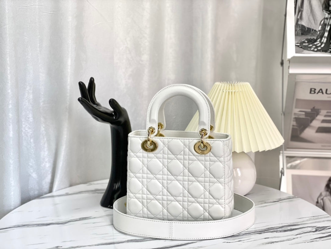 迪D家-Lady dior myABC 羊皮白色金扣 小號