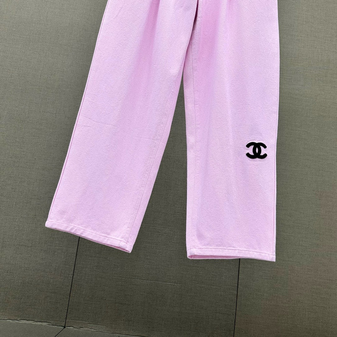 小香家-2403 春夏logo高腰闊腿牛仔褲 粉色