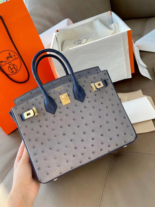 小愛款-Birkin 25 鴕鳥 瑪瑙灰搭配鳶尾藍 金扣