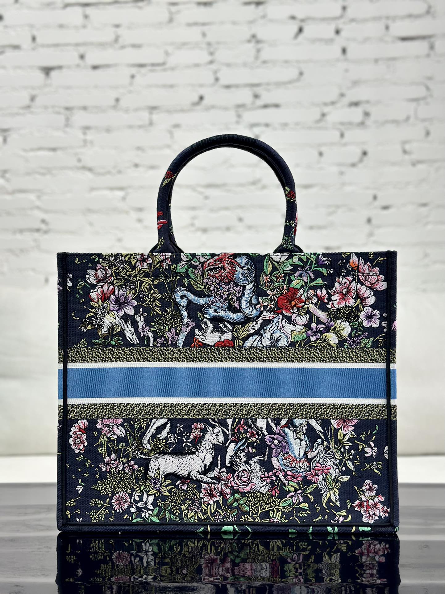 迪D家-大號book托特包 花樣刺繡黑