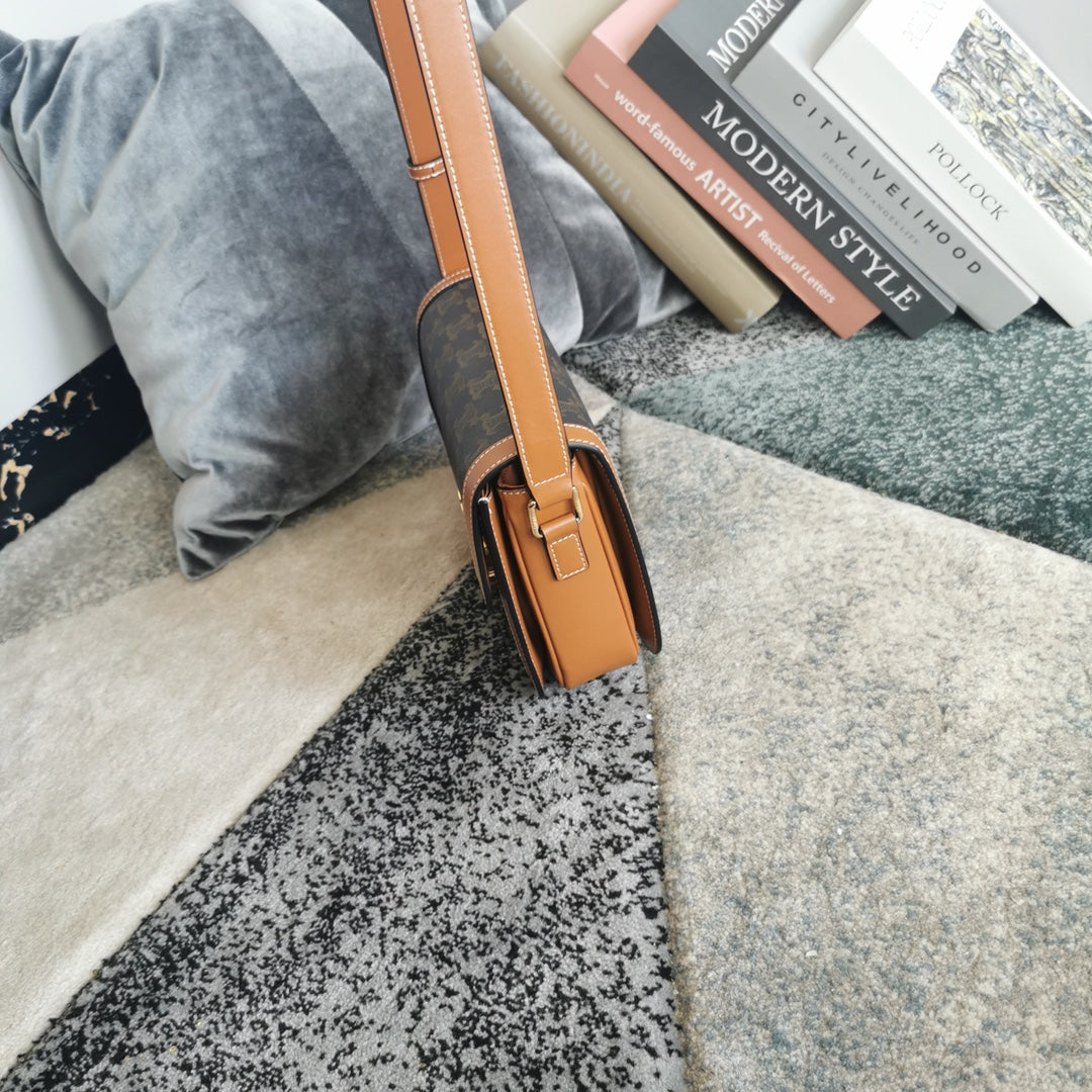 賽C家-TRIOMPHE經典麻布拼接牛皮手袋 老花棕 大款22cm