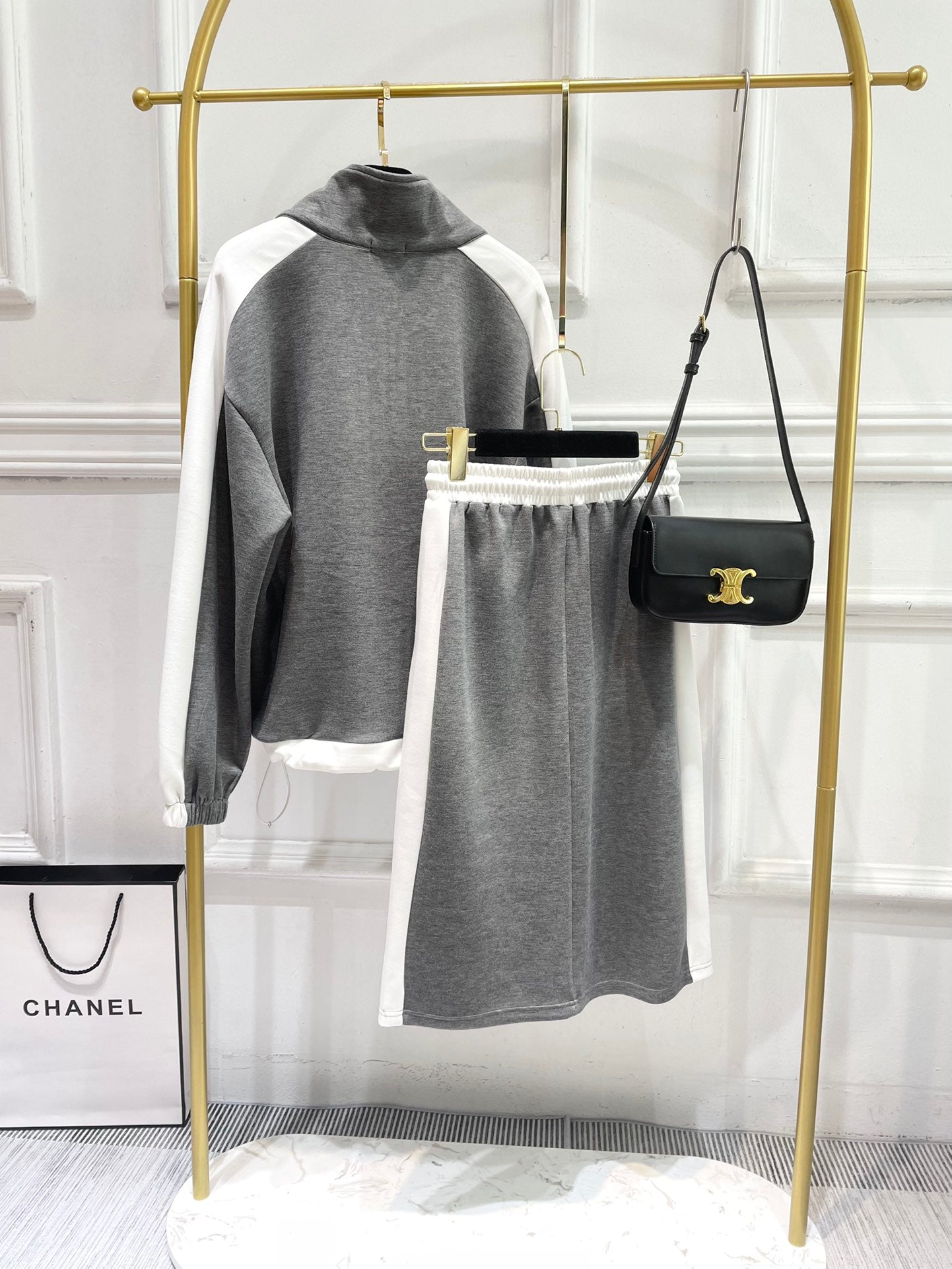 小香家-2403 中古皮牌拼色寬鬆衛衣裙子套裝 灰色