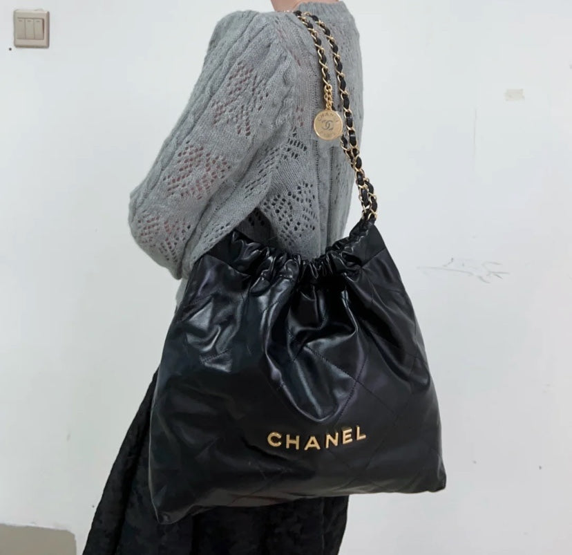 小香家-Chanel 22號手袋 黑金色中號