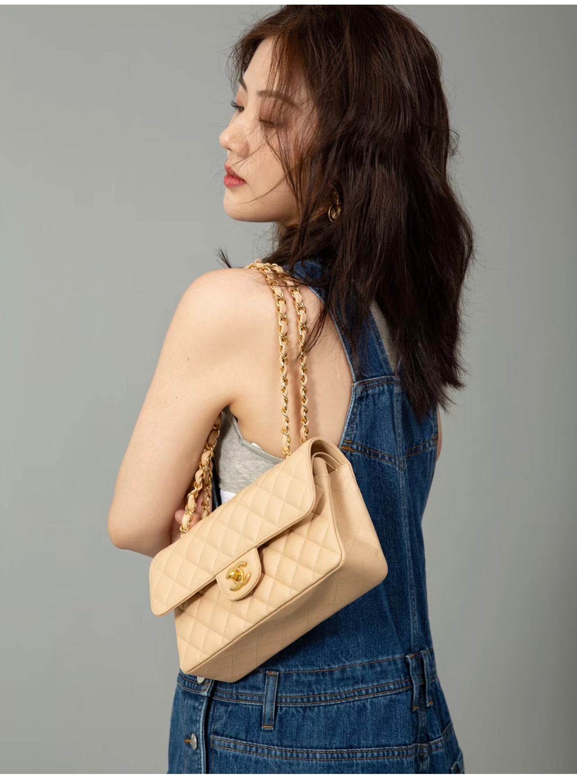 小香家-Chanel CF23 奶杏色 羊皮雙蓋淡金