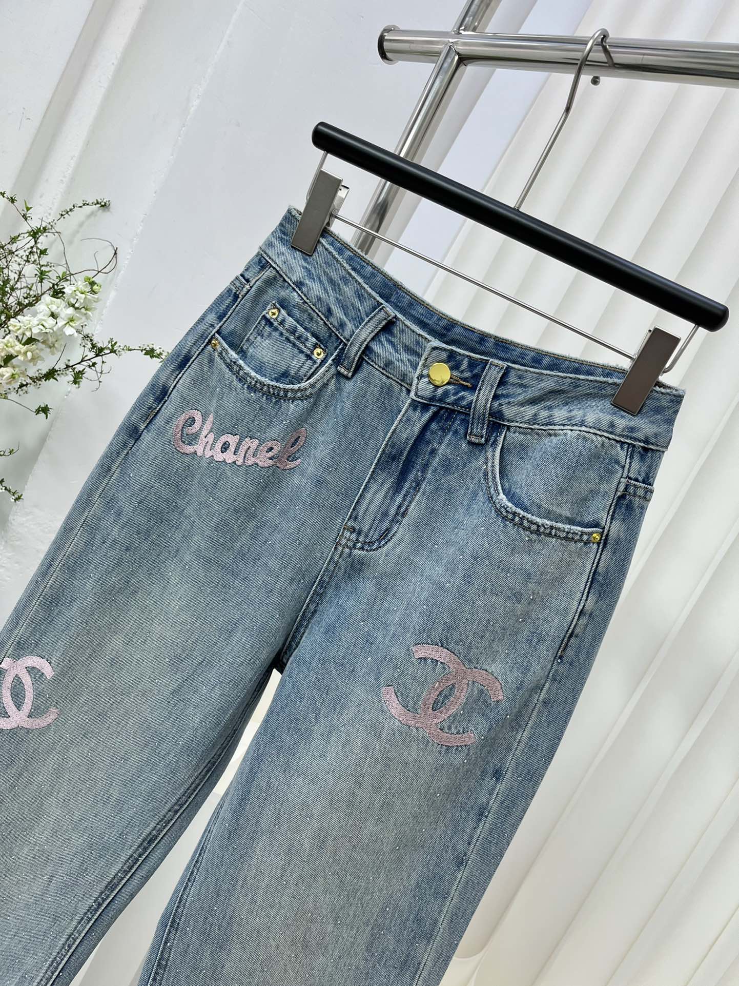 小香家-2403 撞色logo刺繡牛仔褲 粉色