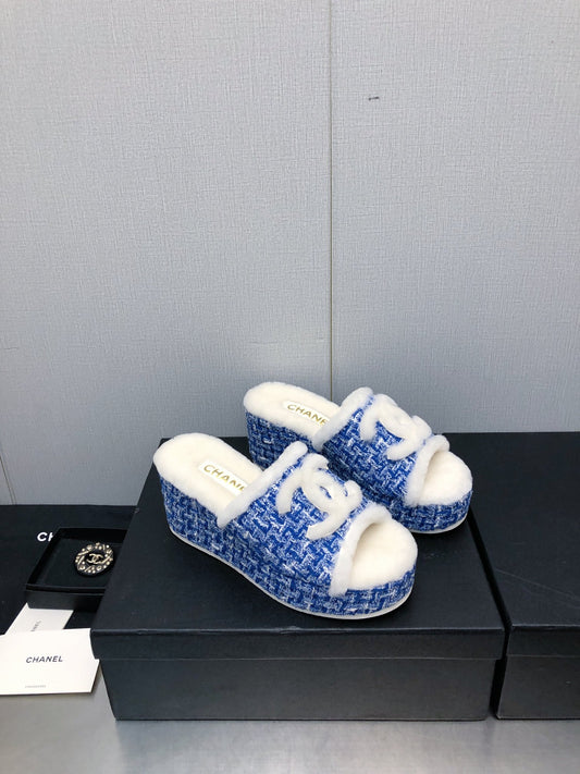 小香家-2023秋冬新款 羊毛格紋後底拖鞋 深藍色