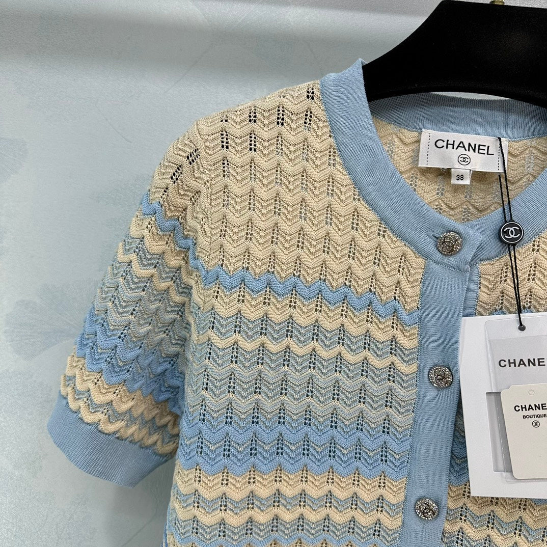 小香家-2404 24春夏新品短袖羊毛上衣 藍色