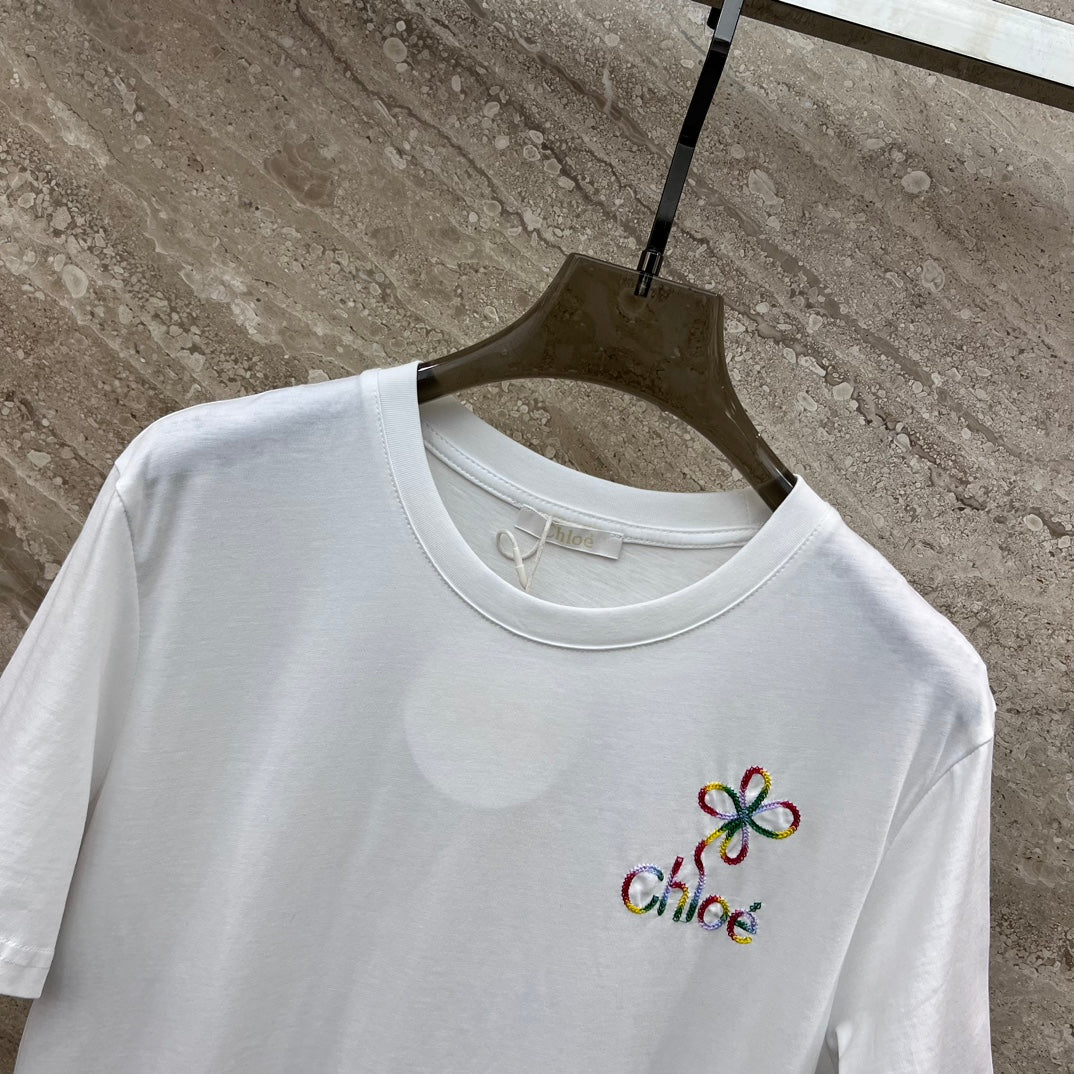 克羅C-2403 24SS春夏季新款字母花朵刺繡短袖TEE 白色