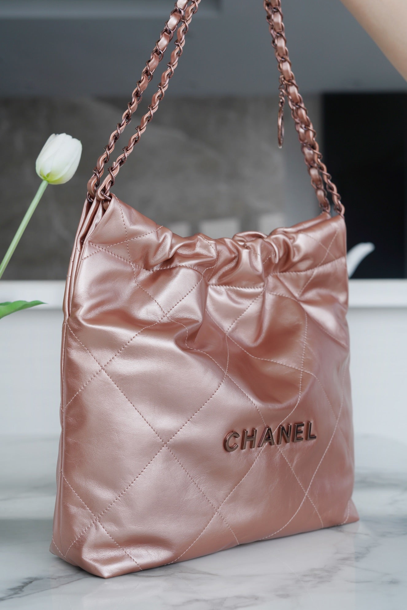 小香家-Chanel 22號手袋 玫瑰金背帶 雙鍊條