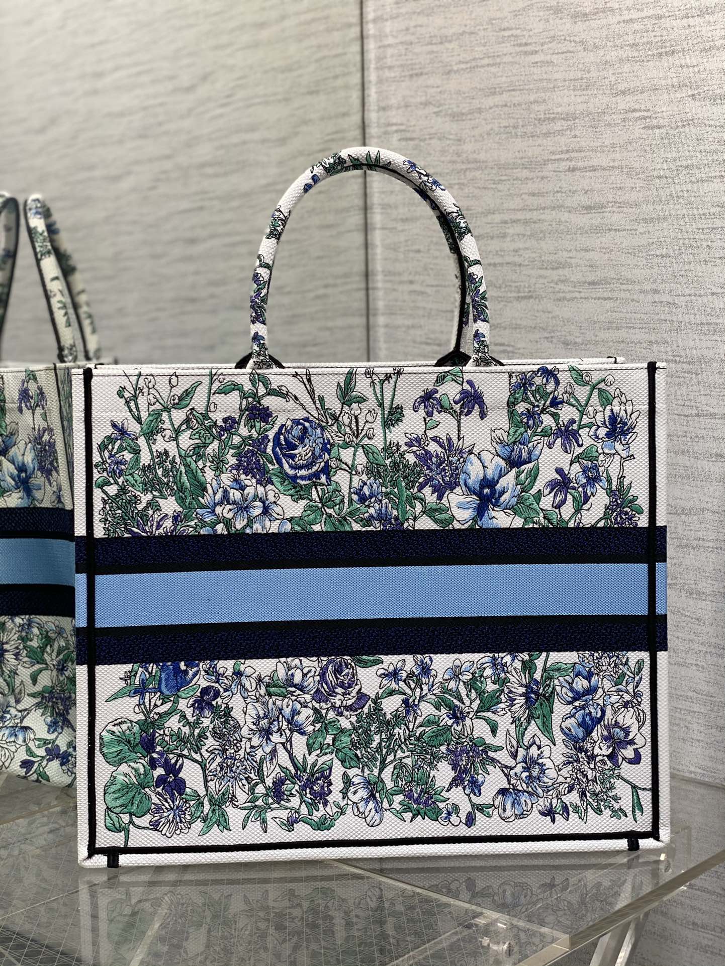 迪D家-Book Tote 2023春夏系列 浪漫花刺繡藍色 大號