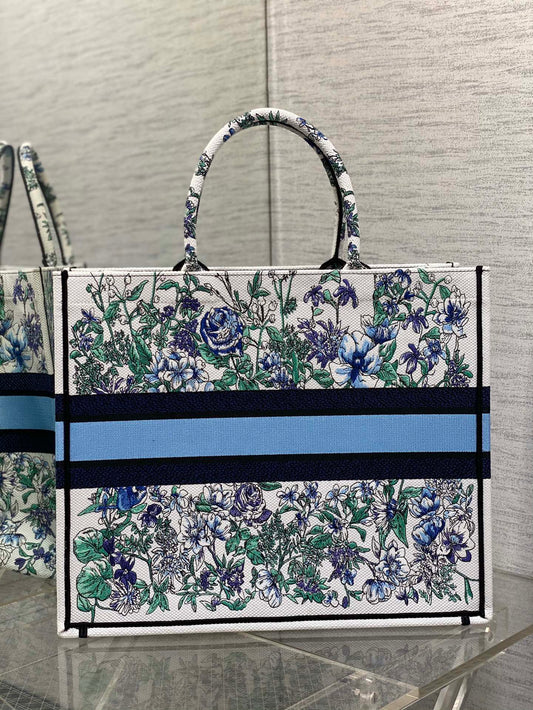 迪D家-Book Tote 2023春夏系列 浪漫花刺繡藍色 大號