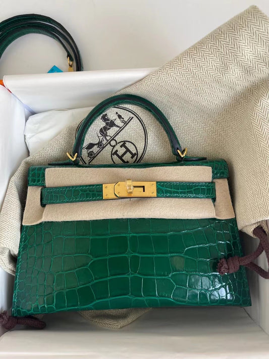 小愛款-Kelly mini 2代 方塊鱷魚 6Q翡翠綠 金扣