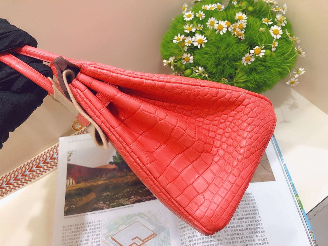 小愛款-Birkin 25 美洲方塊鱷魚 A5 Mat croco handle 杜鵑紅 金扣