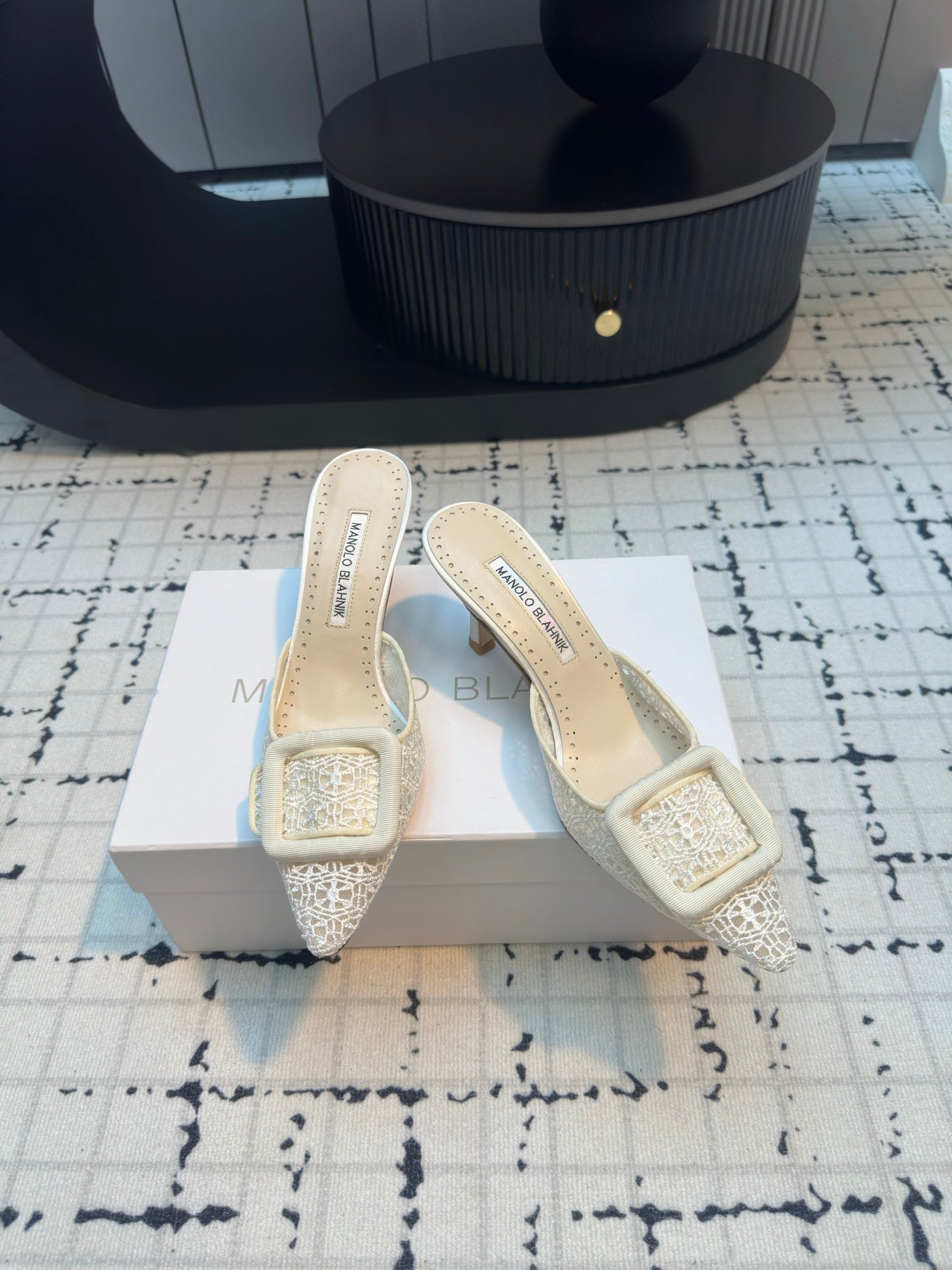 Manolo Blahnik-2024 蕾絲高跟拖鞋 白色