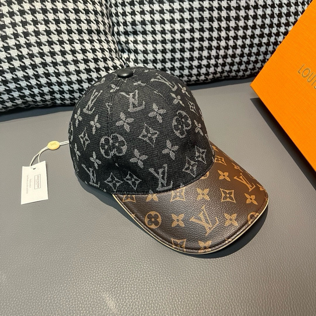 路L家-新款 老花牛仔拼皮鴨舌帽 黑色