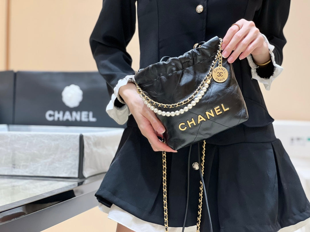 小香家-Chanel 22號手袋 黑色 雙鍊條 珍珠鍊