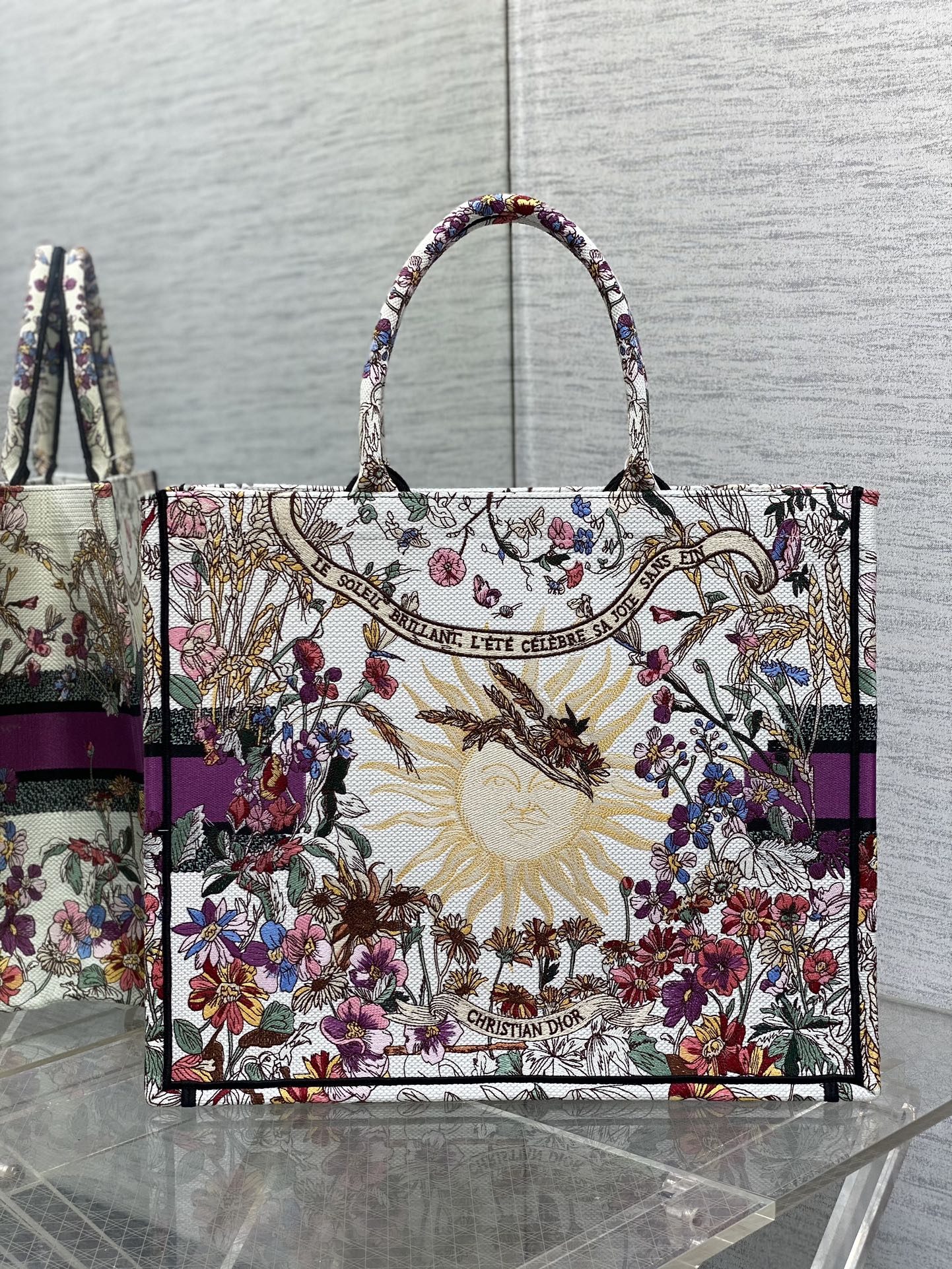 迪D家-2024春夏系列 Book Tote 太陽刺繡 白紫色 大號