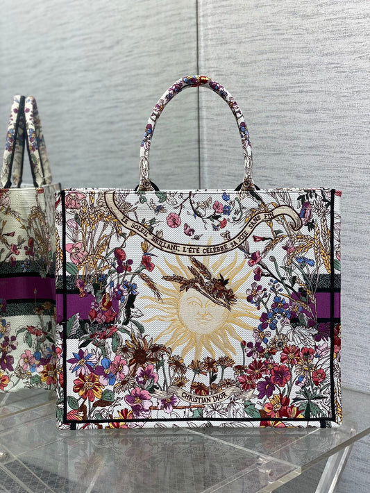 迪D家-2024春夏系列 Book Tote 太陽刺繡 白紫色 大號
