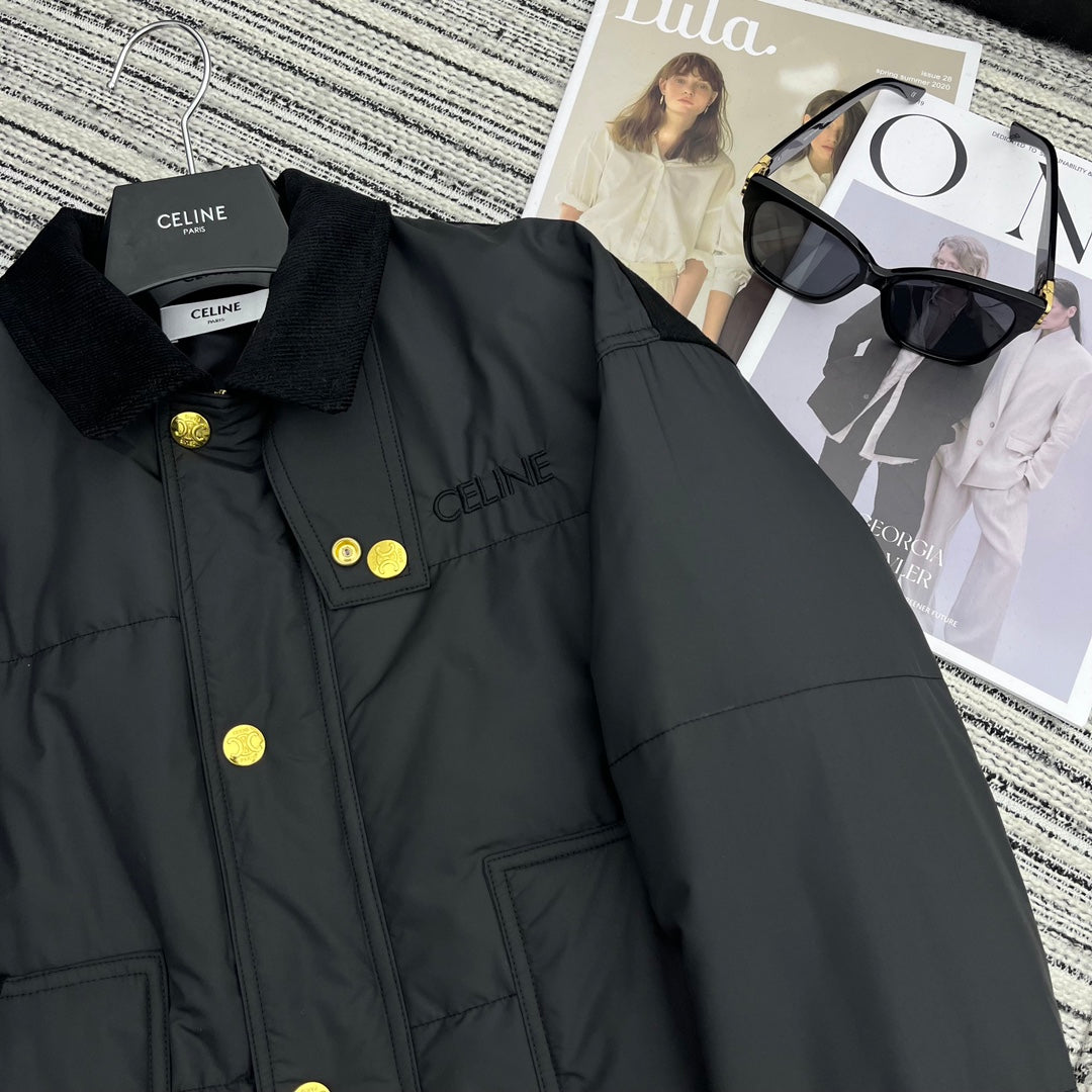 賽C家-2403 拼接黑色燈芯絨棉服外套
