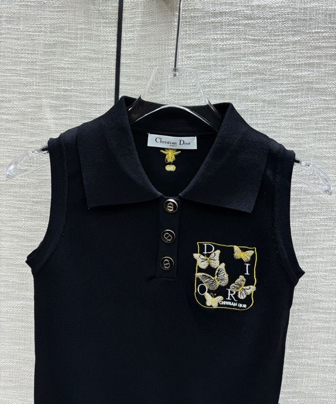迪D家-2403 刺繡蝴蝶POLO領針織背心 黑色