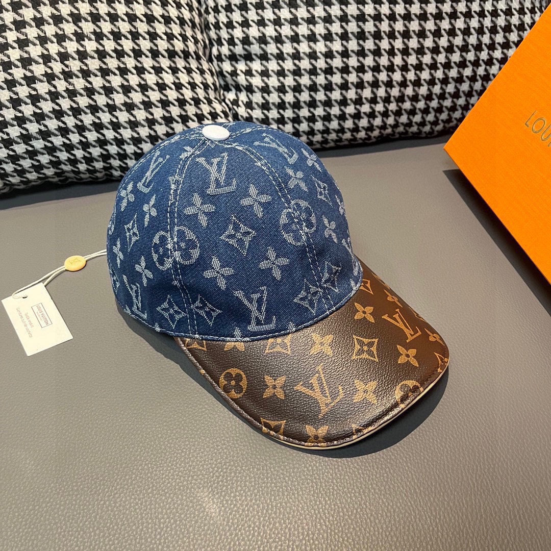 路L家-新款 老花牛仔拼皮鴨舌帽 藍色