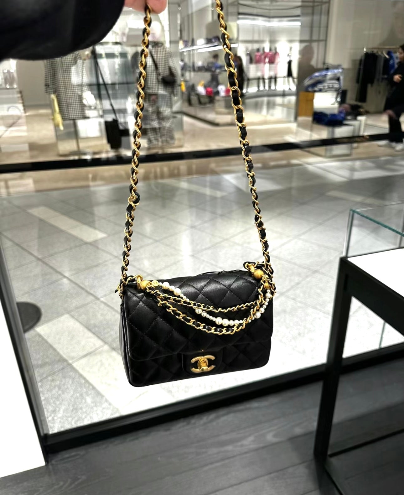 小香家-Chanel 珍珠鍊方胖子 肩背包/手提包 黑色