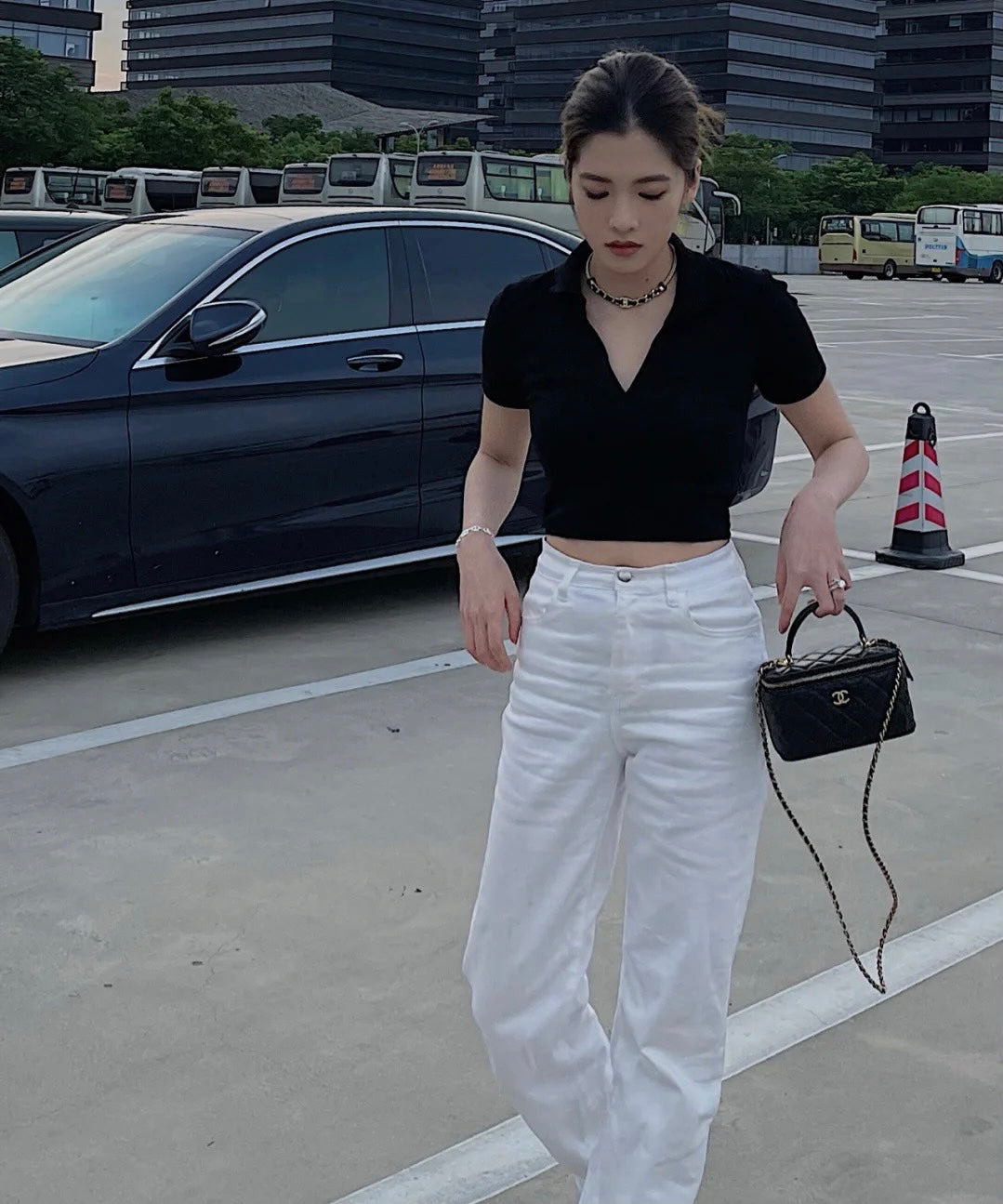 小香家-皮革手柄長盒子包 黑色