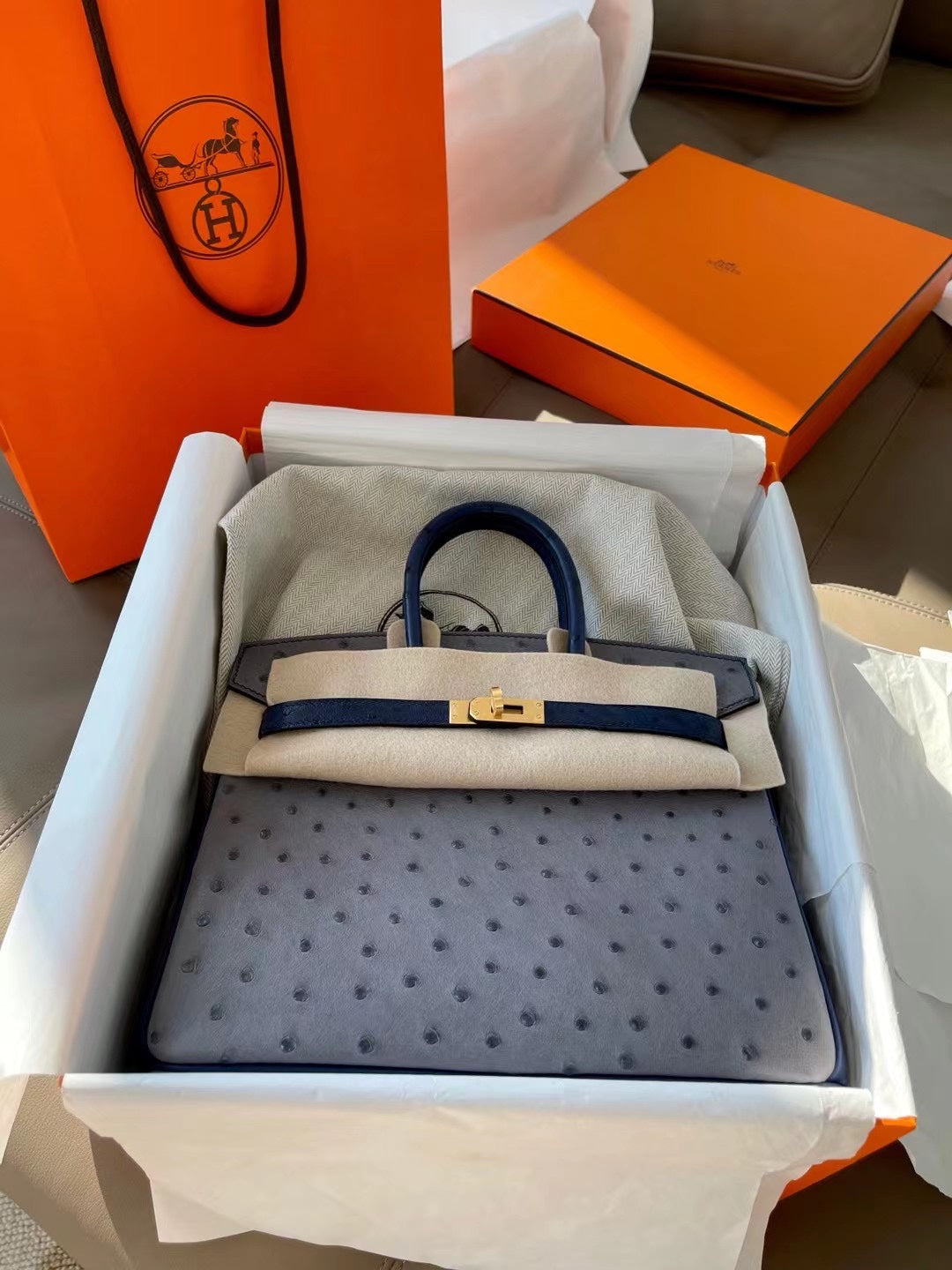 小愛款-Birkin 25 鴕鳥 瑪瑙灰搭配鳶尾藍 金扣