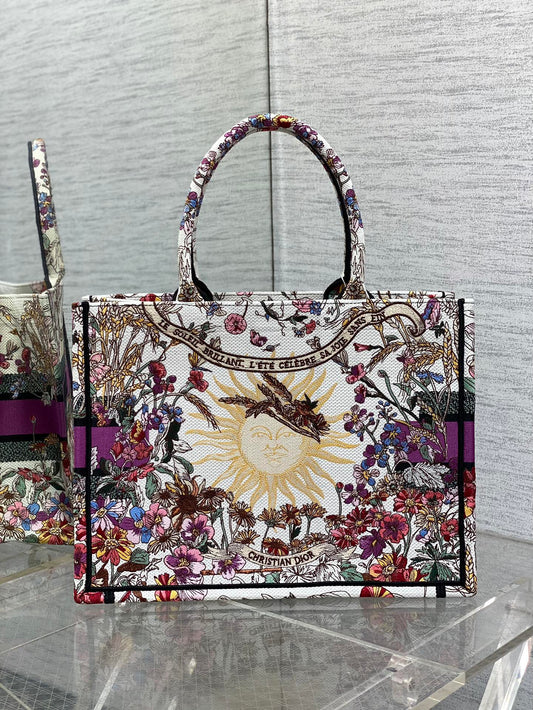 迪D家-2024春夏系列 Book Tote 太陽刺繡 白紫色 中號