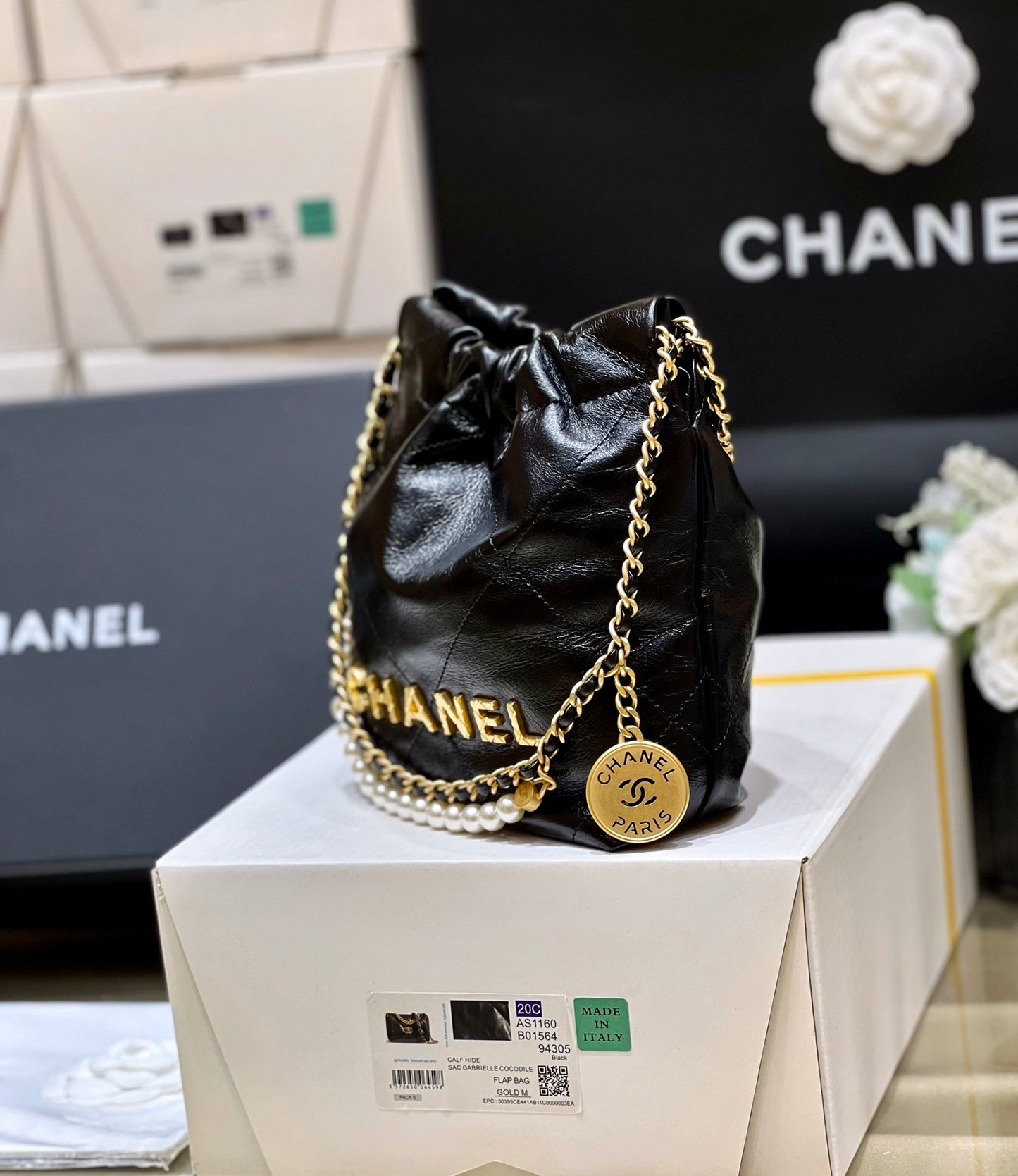 小香家-Chanel 22號手袋 黑色 雙鍊條 珍珠鍊