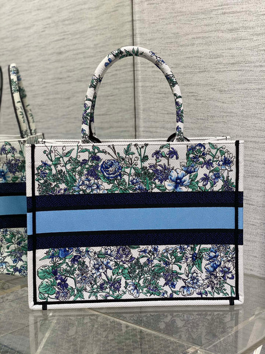 迪D家-Book Tote 2023春夏系列 浪漫花刺繡藍色 中號